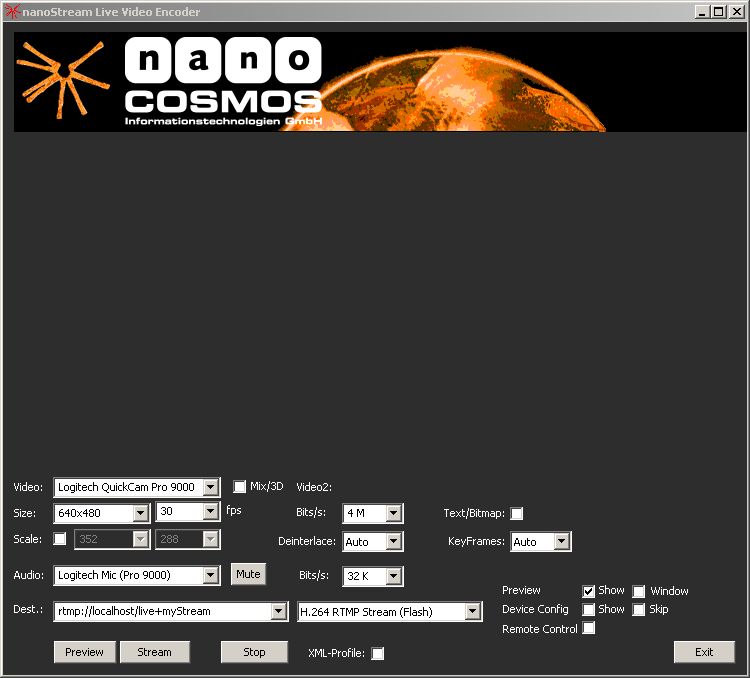 A screenshot of nanoStream live video encoder application.